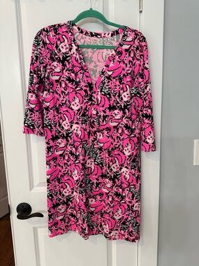 Lilly Pulitzer Pink Black Floral V-Neck Dress Panda Print Women Small